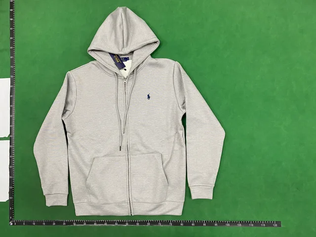 Light grey zip hoodie — single-product front QC photo