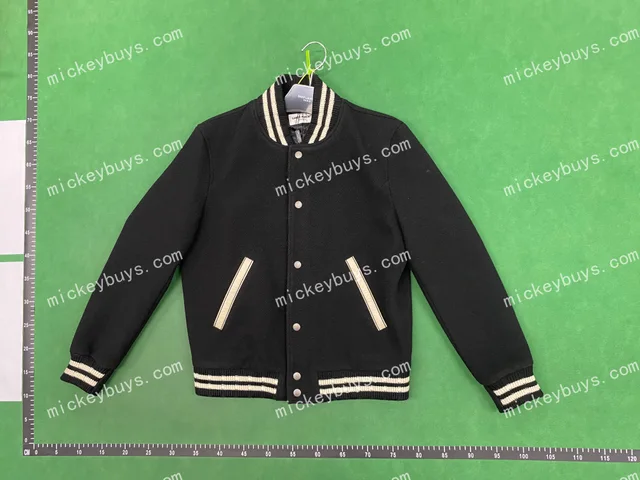 Black varsity jacket — single-product front QC photo